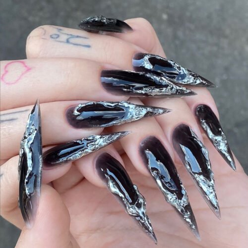 ​JP3526-Cybernetic Claw Press Ons: Vampiric Chrome ✦ Liquid Night Reflections​​ ☠️ Salons Can't Compute!