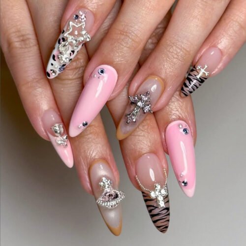 JP3849-🖤 Leopard & Zebra French Stiletto Press-Ons w/ Star Chains | Unleash Your Wild Side.​
