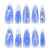 JP3511-🦋 Midnight Garden Stiletto Press-Ons: Where French Tips Dance with Silver Wings​