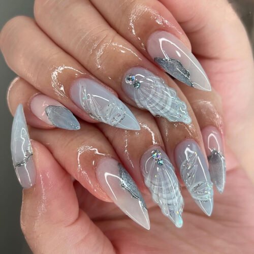 JP2945-❄️ Arctic Elegance: Frosted French Almond Press-Ons with 3D Water-Drop Pearls​​ (Vogue UK: "Cryo-Couture Nails Hauling Boardrooms & Beach Weddings")