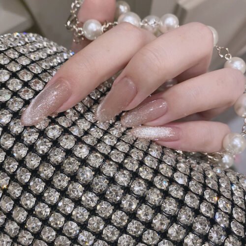 JP892-🍁 Timeless Amber Elegance: Crystal Cat Eye Almond French Tips