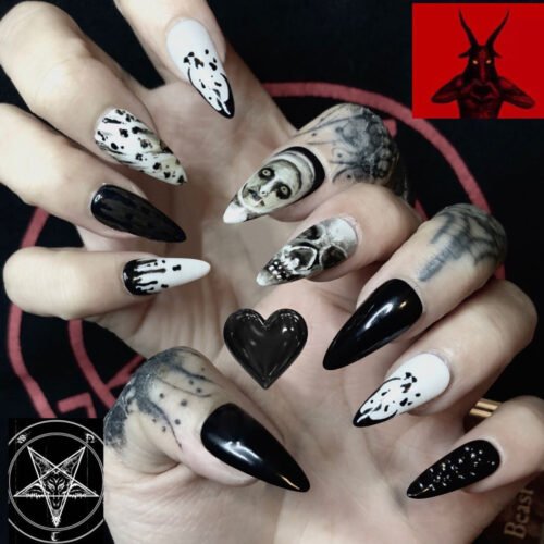 JP944-Claim Your Dark Elegance: Reusable French Stiletto Press-Ons with Skull Art | Salon-Level Goth Nails, Zero Commitment