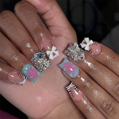 JP3654-Effortless Luxury: Reusable Zebra Print French Nails w/ Dazzling Diamonds ✨