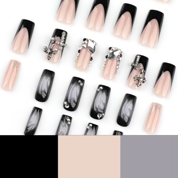 O1CN010Nd5N92NGHwl6f3Td_!!4234819935-0-cib JP3644-Venom French Coffin Press-Ons: Reusable Black-Pink Nails with 3D Waves & Crosses | Waterproof Rebel Glam