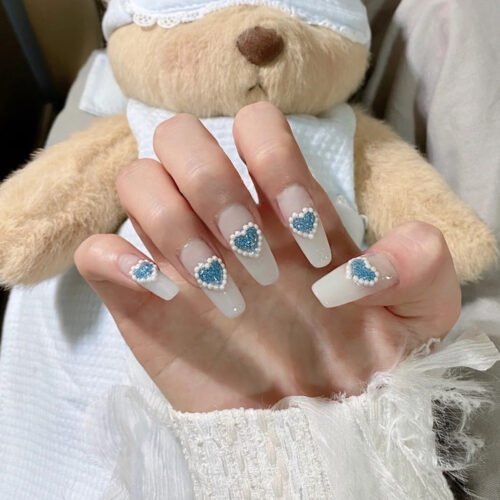 JP1056-✨ Ocean Pearl Ballet Press-Ons: Waterproof French Perfection with Sapphire Hearts​​  For Timeless Romantics, Busy Visionaries & Ballet Dreamers – Luxe Nails in 90 Seconds, Not 3 Hours
