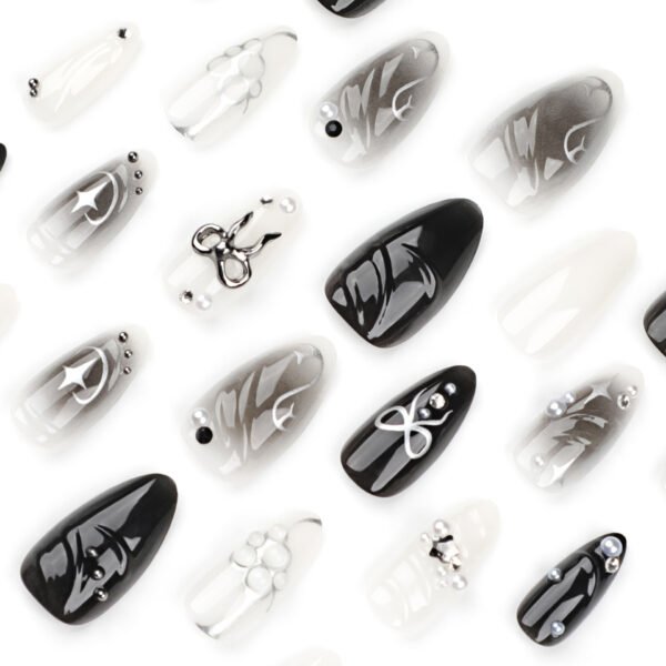 O1CN010WmauU2NGHu1Gn78a_!!4234819935-0-cib JP3399-Black Magic Rebellion: Reusable Gothic Ombré Almond Nails w/ 3D Bows & Silver Stars Salon-Quality Edge Without the Commitment or Cost