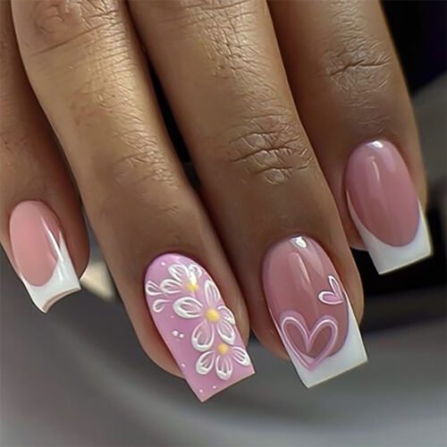 JP3772-Spring French Florals: Joyful Nails That Kiss Time & Worries Goodbye (Reusable + Waterproof) ​​Salon-Quality Bloom & Hearts, Minus the Salon Headaches​