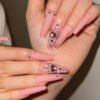 JP1699-Indulge in Effortless Luxury: Long Reusable Coffin False Nails French Tip (Nude Pink, Pearls, Diamonds)