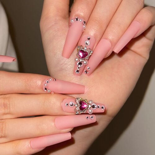 JP1699-Indulge in Effortless Luxury: Long Reusable Coffin False Nails French Tip (Nude Pink, Pearls, Diamonds)