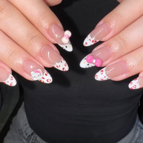 JP4009-Paris Meets Tokyo: Leopard French Almond Press-On Nails – Sweet & Reusable​​ ​​Break Free from Salons: 90-Second Japanese-Kawaii Luxury