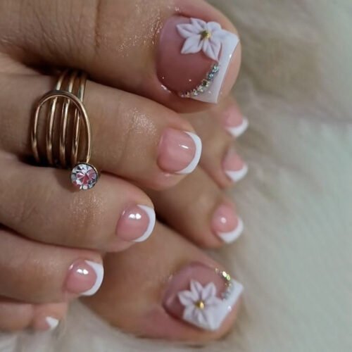 JP3811-Summer French Pedicure Press-Ons | Floral Toe Nails Waterproof & Reusable ​​Beach-Ready Toes in 90 Seconds: Your Secret to Effortless Summer Elegance​
