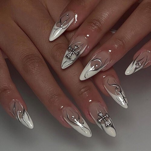 JP3336-Gothic Almond Press On Nails | Silver Flame & Cross French Tips - Reusable Church Girl Nails (Waterproof)  ​​Subtitle:​​ Command Attention with Rebel Elegance – No Salon Jail Time Required. 🔥⛪  (Hero image: Moody lighting, model with flames+cross nails gripping silver chain necklace)