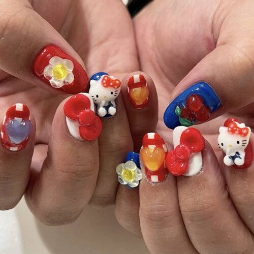 JP3570-Kawaii French Press On Nails: 3D Cats, Flowers & Plaid Charm ​​Your Salon-Cute Solution: Reusable Japanese Nail Art in Minutes!​