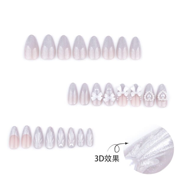 JP3557✨ 3D Fantasy French Toes: Diamond Bows, Pearl Hearts & Cat Eye Dreams (Luxury Almond Press-Ons)