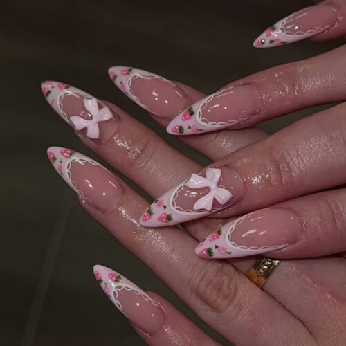 JP3858-Strawberry Fields Almond Nails | 3D Bow & Berry French Tips | Waterproof Cottagecore Press-Ons​​  ​​Subtitle:​​ Salon-Grade Whimsy That Survives Farmers' Markets & Flower Crowns