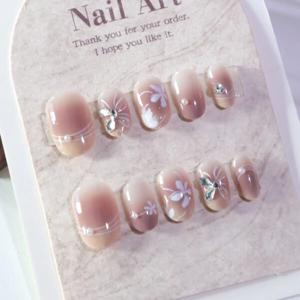 JL0678-Blushed French Press On Nails | Short Oval Florals Summer’s Ethereal Mani – Reusable & Saltwater-Proof