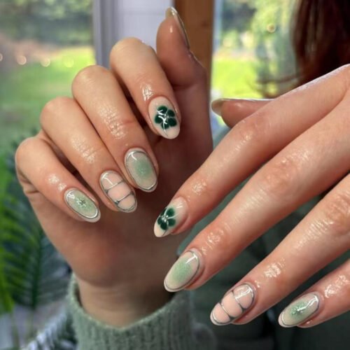 ​​JP3993-Emerald Summer Dream: Watercolor French Almond Press-Ons with Botanicals​​ ​​Salon-Worthy Nails in 90 Seconds? Oui.​