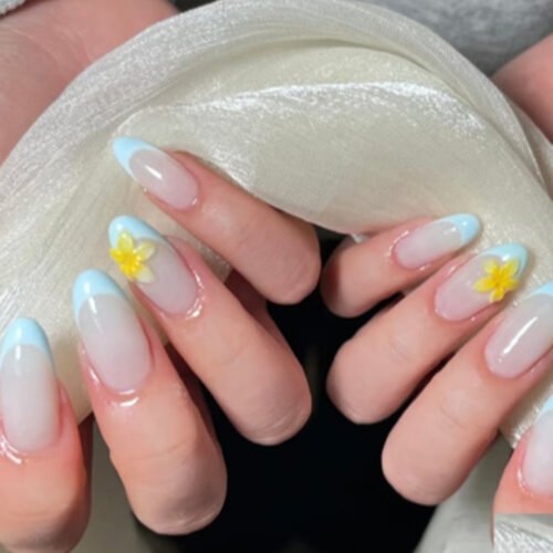 JL0667-Azure Dream French Press On Nails | Weightless Tropical Florals Reusable Short Round Escapism – Saltwater & Sun Proof