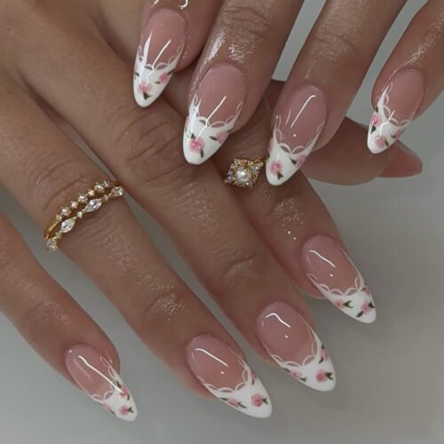 JP3914-Botanical French Press Ons | Dainty White Floral Almond Shorties (Reusable & Waterproof)
