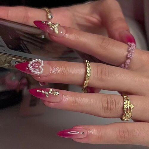 JP2414-🌹 Velvet Rouge French Almond Nails: Gold Roses, Pearl Hearts ✨ Reusable & Waterproof - Timeless Passion at Your Fingertips​​  (For Romantics Who Refuse to Choose Between Drama & Delicacy)