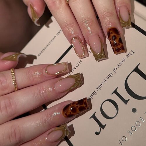 JP3592-Your Emerald Muse: Reusable Water Wave French Tips w/ Tortoiseshell ✨ (US/UK Top Seller!)