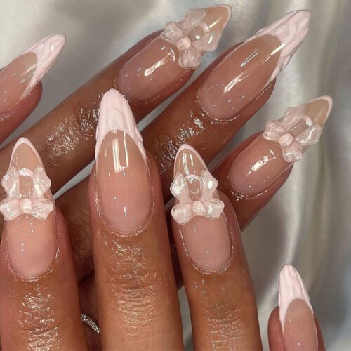 JP3602-Dainty Dream Nails: Reusable Pink French Tips w/ 3D Crystal Bows ✨