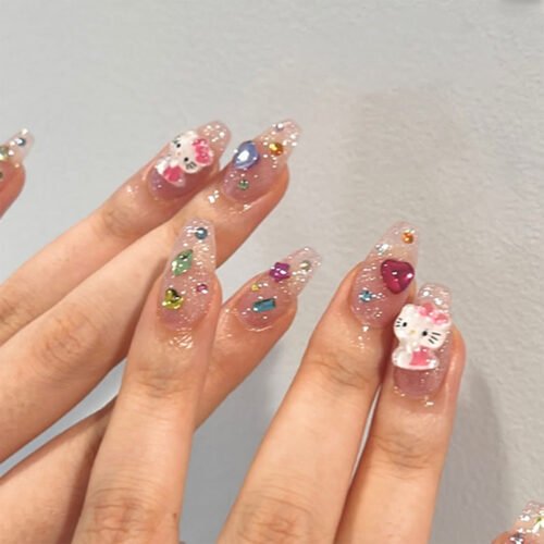 JP3619-Dewdrop Ballet Nails? Kawaii French Tips with Pearls & Gems (Reusable & Waterproof)
