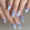 JP3889-🏮 ​​Silk Road Rebellion: Blue Porcelain Almond Press-Ons w/ Detachable Bows​​ ✨ Snakeskin & Florals • Reusable • Waterproof