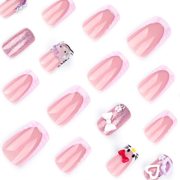 JP3652-Kawaii Meow French Press-Ons: Reusable Pink Cat Nail Set with Bows - Waterproof & Salon-Grade