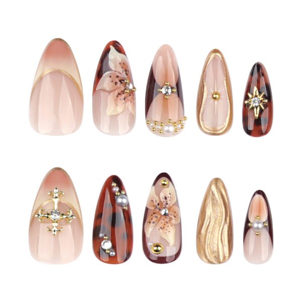 JP3647-Midnight Muse Almond Nails: Reusable Press-Ons with Gothic Florals & Tortoiseshell Alchemy​