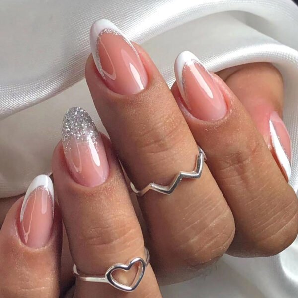 O1CN015y91lY2NGHoDaKDp1_!!4234819935-0-cib JP3029-✨ Effortless French Frost: Classic Almond Press-Ons with Silver Sparkle ✨ (Reusable & Waterproof!)