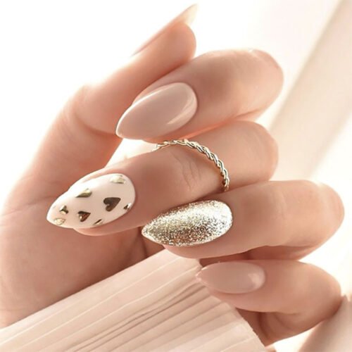 JP3689-Instant Diamond French Tips? Effortless Almond Nails with Hidden Hearts (Reusable & Waterproof)