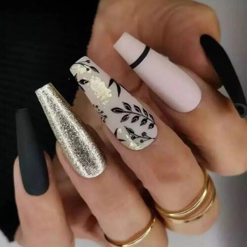 JP2014-Fall's Secret Luxe: Matte Taupe Leaf & Gold Dust T-Shape Press-Ons | Waterproof Reusables