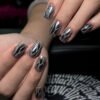 JP3624-French reusable press on nails dark black ombre with silver flame glitter – waterproof winter collection