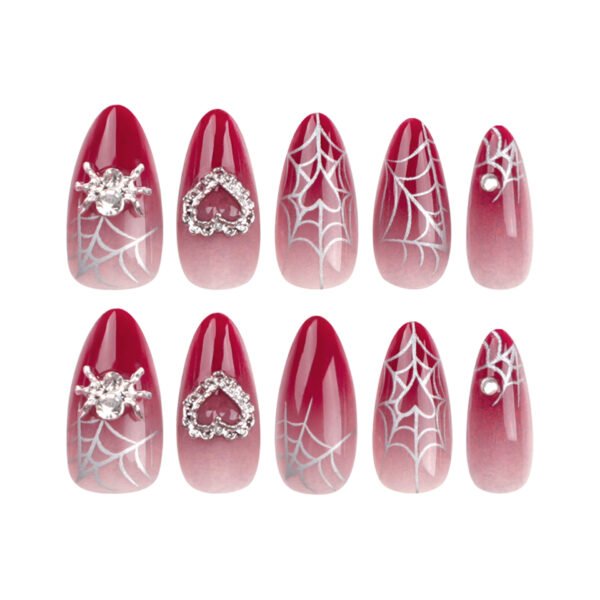 JP3030-Crimson Kiss Almond Press Ons | Spider & Heart Sweet Goth Nails (Reusable Waterproof)​​ ​​Subtitle:​​ Your Dark Valentine Manicure ❤️🕷️ Salon-Grade Edge in 8 Minutes – No Commitment, Maximum Attitude.  (Hero Image: Moody crimson nails with glitter spiders/hearts against crushed velvet, gripping vintage key)