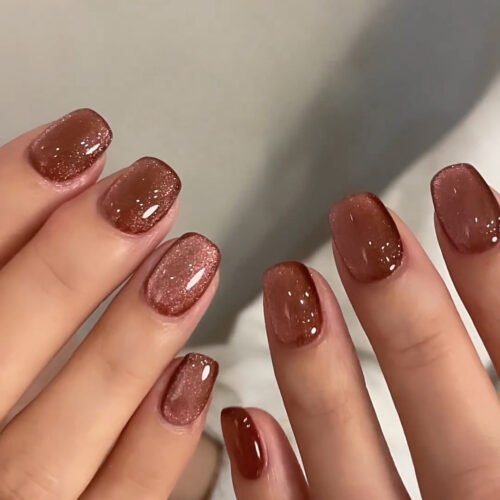 JP2655-☕️ Get Cozy-Chic Nails in Minutes: Hazelnut French Cat Eye Press-Ons!
