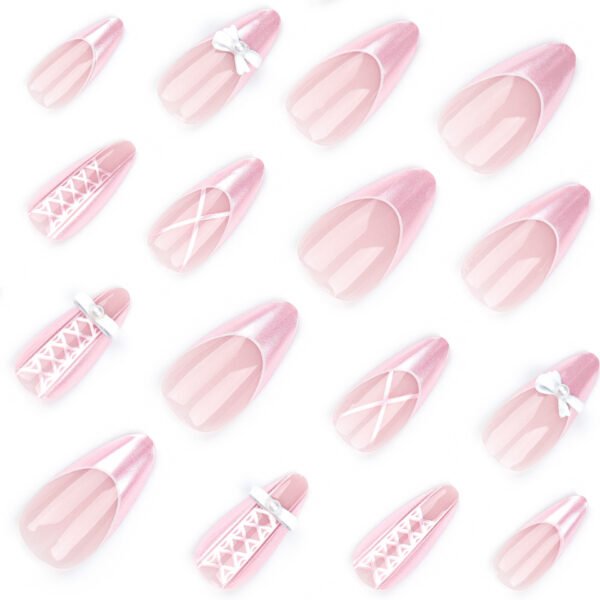 JP3275-Blushing French Almond Nails | Pearl & Pink Bow Press Ons - Sweetheart Reusable Manicure (Waterproof)​​  ​​Subtitle:​​ Your Instant Pretty-Girl Aesthetic ✨ - 8 Min Salon-Grade Cuteness Without Appointment Jail!  (Hero image: Soft-focus shot of nails on hands holding pastel macarons/strawberry)