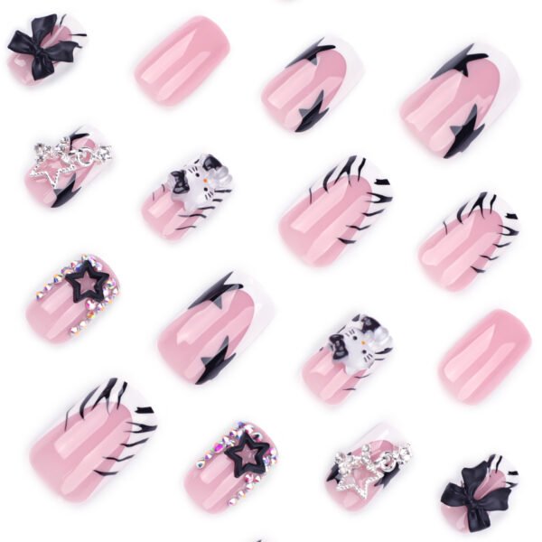 JP3651-Reusable French Press On Nails | Zebra Print & Crystal Stars w/ Detachable Bow Salon-Worthy Manicures in 5 Minutes - Waterproof & Damage-Free