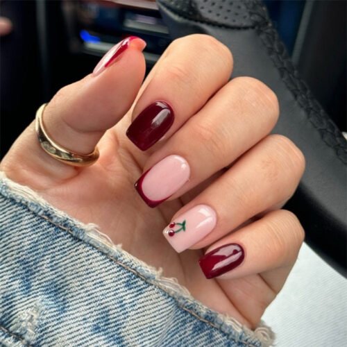 JP3933-The Silent Power Nail: Burgundy French Tip Square Press-Ons with Secret Cherry Daring ​​Salon Polish vs. Boardroom-Proof Edge​