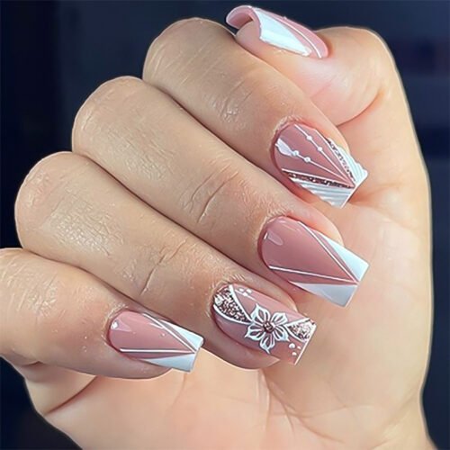 JP3769-Luxe French Tip Press On Nails | 3D Floral Design, Reusable & Waterproof (Salon Alternative!) Transform Your Nails Instantly: French White Perfection Meets Artisan Florals