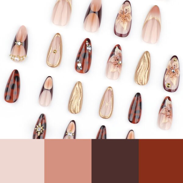 JP3647-Midnight Muse Almond Nails: Reusable Press-Ons with Gothic Florals & Tortoiseshell Alchemy​