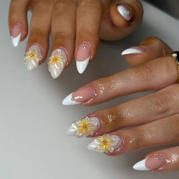 JP3315-Sunshine on Demand: Reusable White French Almond Nails w/ 3D Sunflowers​​ (Salon-Grade Joy Without the Wait or Damage)