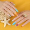 JP3900-French Almond Tropical Escape Nails | 3D Hibiscus & Palm Press Ons | Waterproof Vacation-Ready Salon Alternative​​  ​​Subtitle:​​ Your Beachside Bungalow Manicure – Minus the Airfare