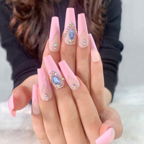 JP1087-✨ Ocean Blue Diamond Ballet Press-Ons: Waterproof French Elegance, Reusable & Dazzling For Confident Dreamers, Busy Professionals & Ballerina Souls – Salon-Grade Glam in Minutes!