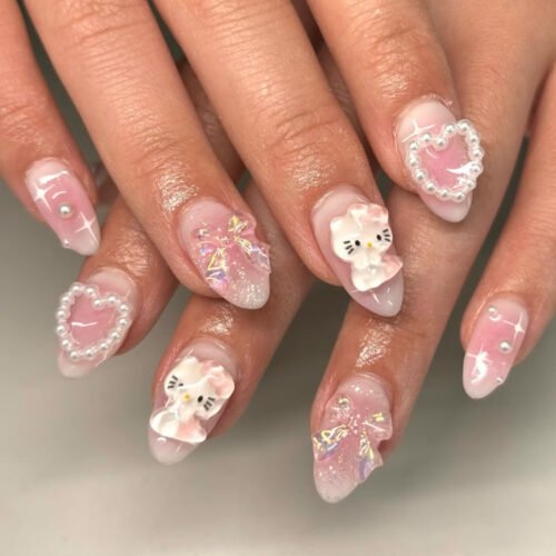 JP4006-Blushing Almond Dreams: J-Beauty French Press-Ons with Bows & Hearts​​ ​​Cruelty-Free • Waterproof • Hypoallergenic​