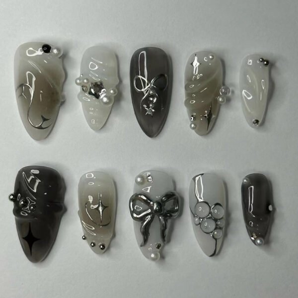 O1CN01D38M9q2NGHu2E6Oi4_!!4234819935-0-cib JP3399-Black Magic Rebellion: Reusable Gothic Ombré Almond Nails w/ 3D Bows & Silver Stars Salon-Quality Edge Without the Commitment or Cost