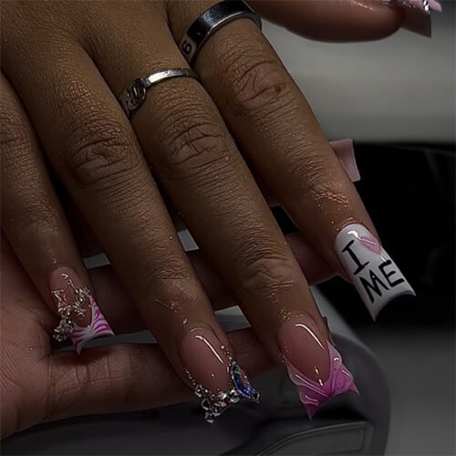 JP3673-Your Galaxy of Glam: Reusable Water Wave & Star French Tips ✨ (Explosive Holographic Glitter + Pink Zebra!)
