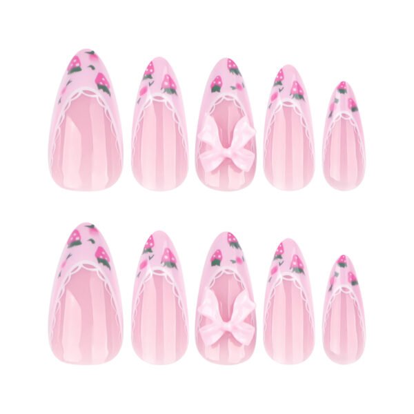 JP3858-Strawberry Fields Almond Nails | 3D Bow & Berry French Tips | Waterproof Cottagecore Press-Ons​​  ​​Subtitle:​​ Salon-Grade Whimsy That Survives Farmers' Markets & Flower Crowns