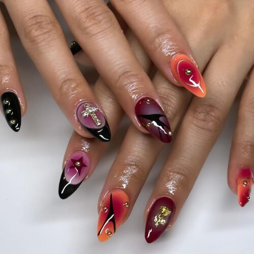 JP3563-Badass French Tip Almond Press Ons: Edgy 3D Roses, Gems & Cross Charms ​​Rebellious Salon-Grade Nails in Minutes - Reusable & Waterproof​