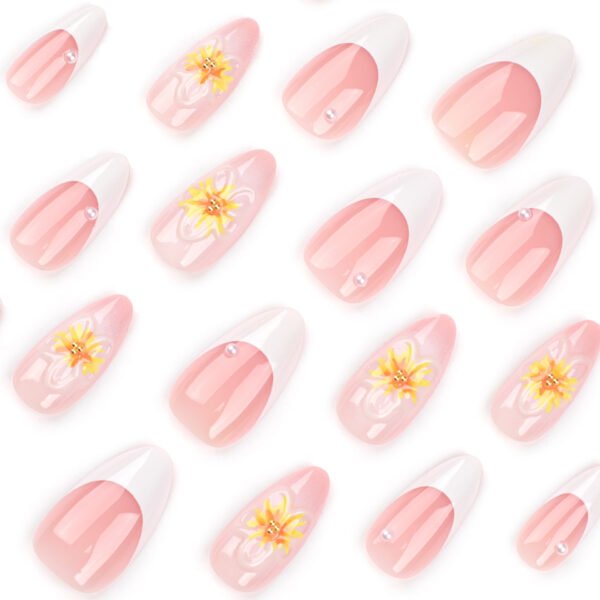 JP3315-Sunshine on Demand: Reusable White French Almond Nails w/ 3D Sunflowers​​ (Salon-Grade Joy Without the Wait or Damage)